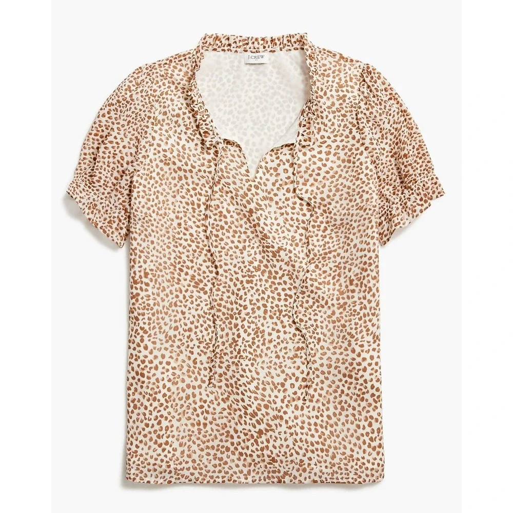 J. Crew Leopard Print Ruffle Tie Neck Short Sleeve Blouse Women's Size S NWT $80